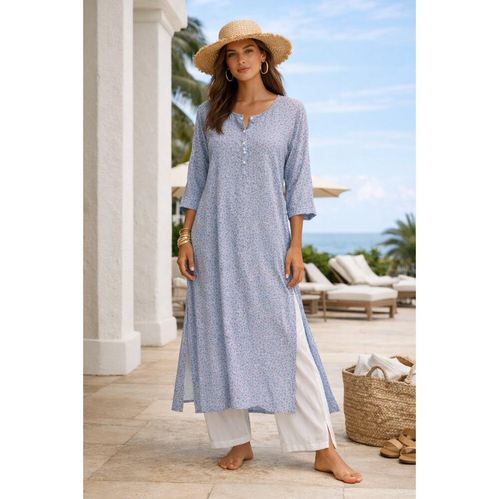 Xirena Posey Floral Henley Lounge Kaftan Dress NWT Blue Boho Kurta Style XS-S